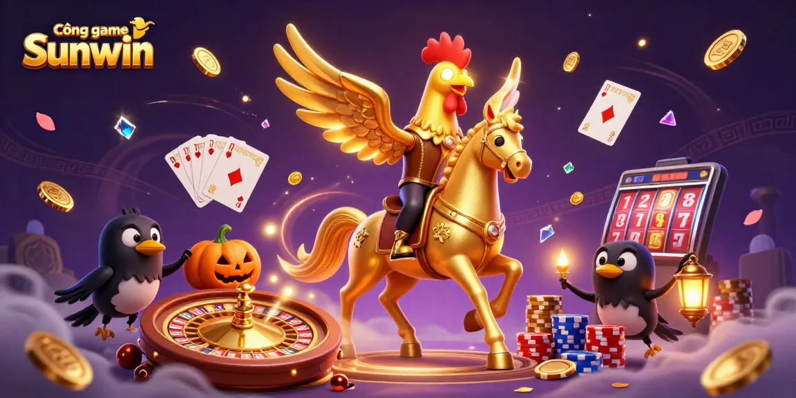 Cổng game Sunwin showcases a vibrant casino scene with golden rooster and spectral horse among rich gaming symbols.