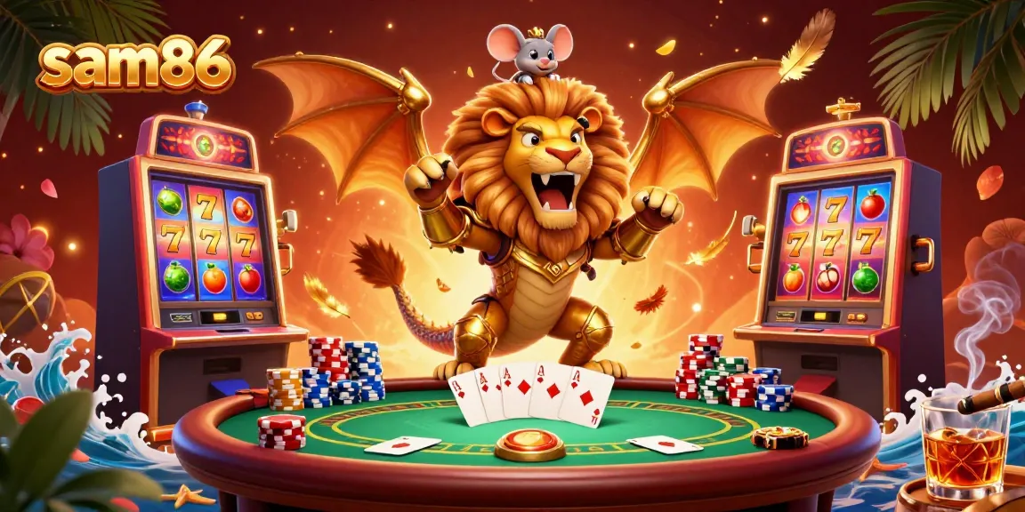 Experience thrilling gameplay at sam86 with a dynamic scene featuring golden chimera, poker chips, and vibrant slot machines.