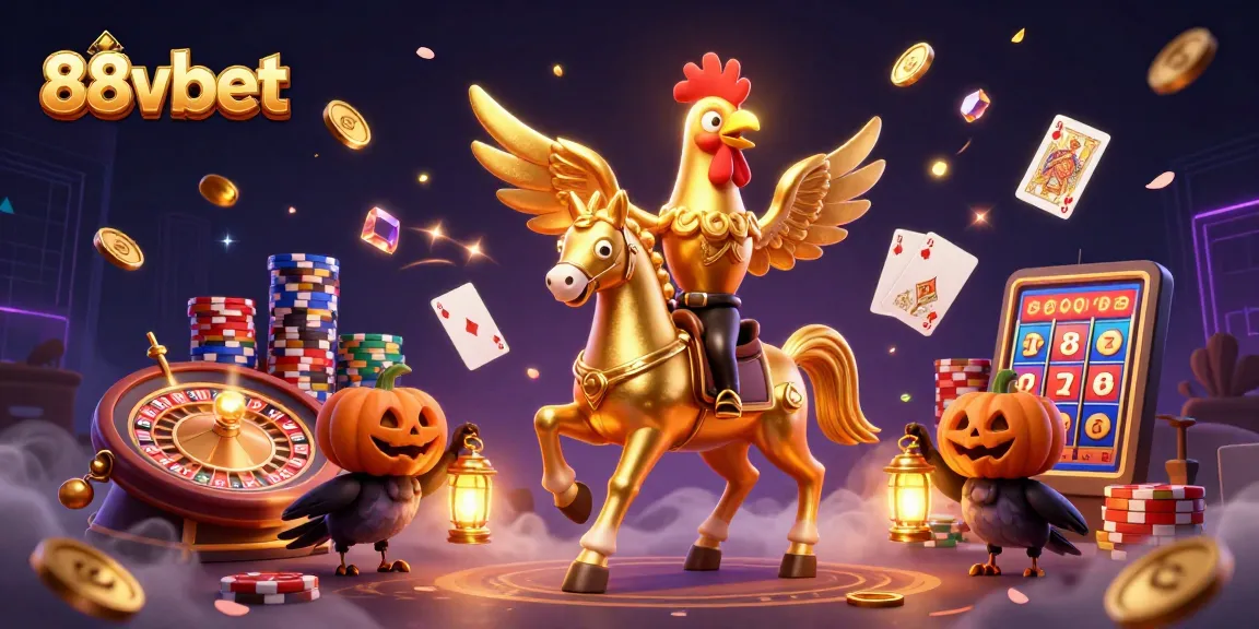 Experience the thrill of 88vbet with golden rooster characters amid cascading coins and a vibrant casino.