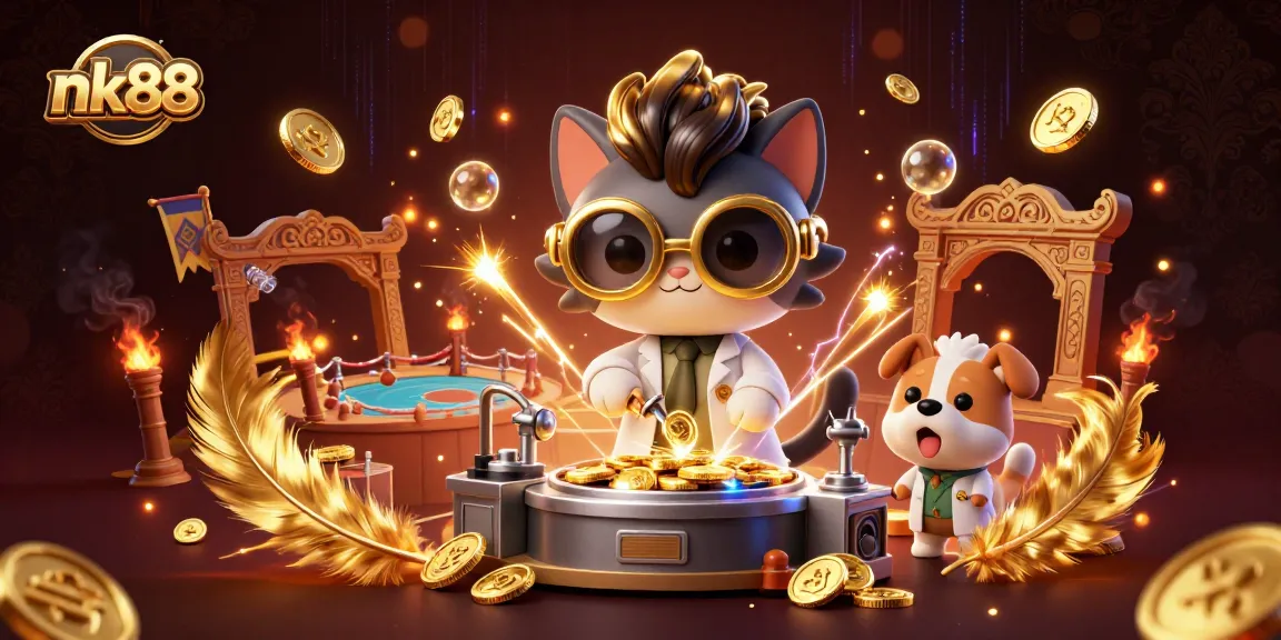 Experience the excitement of nk88 with a mad scientist creating endless gold coins surrounded by dynamic casino elements.