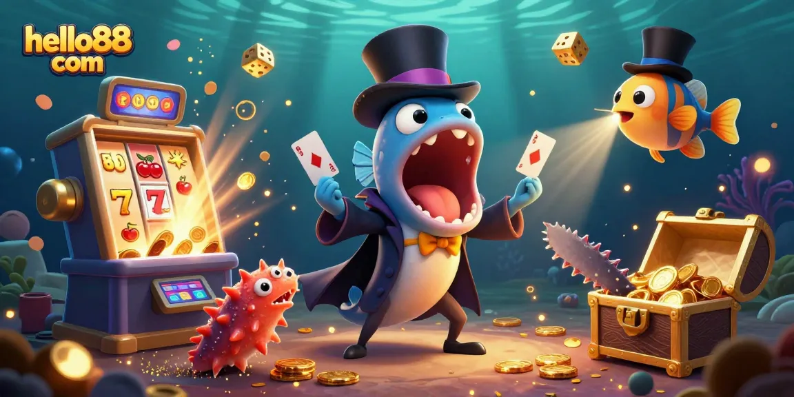 Catch the action with hello88 com as deep-sea creatures perform thrilling magic card tricks in a vibrant casino scene.