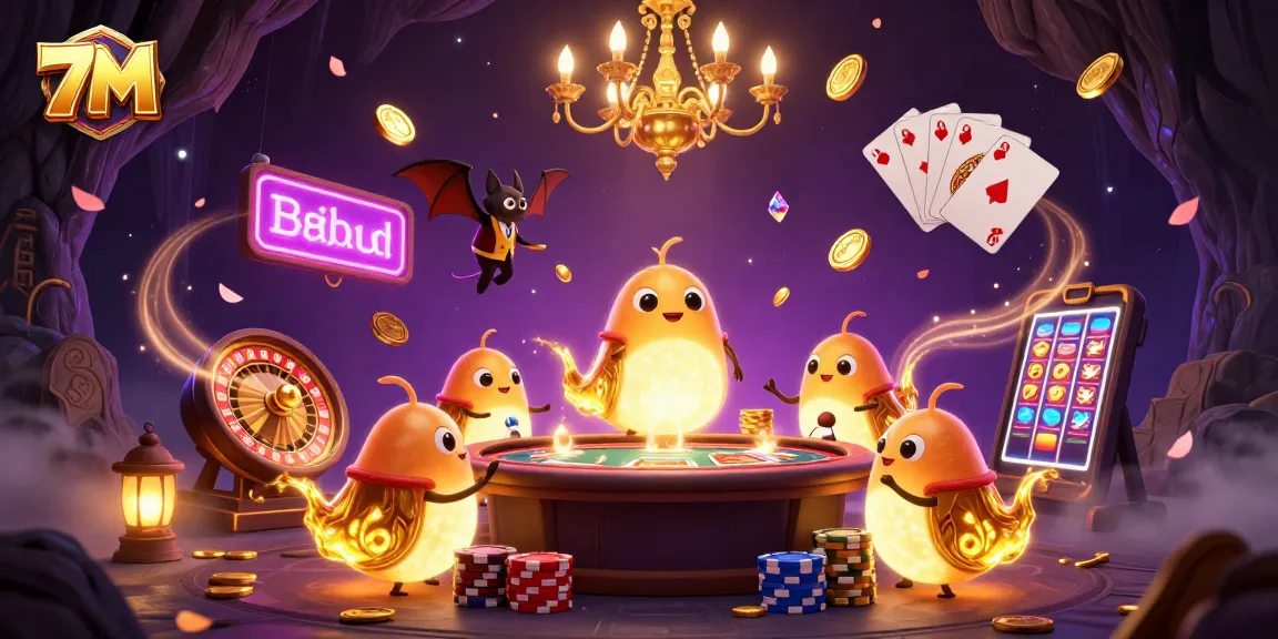Win big with 7M's vibrant casino illustration featuring glowworms and a bat dealer.