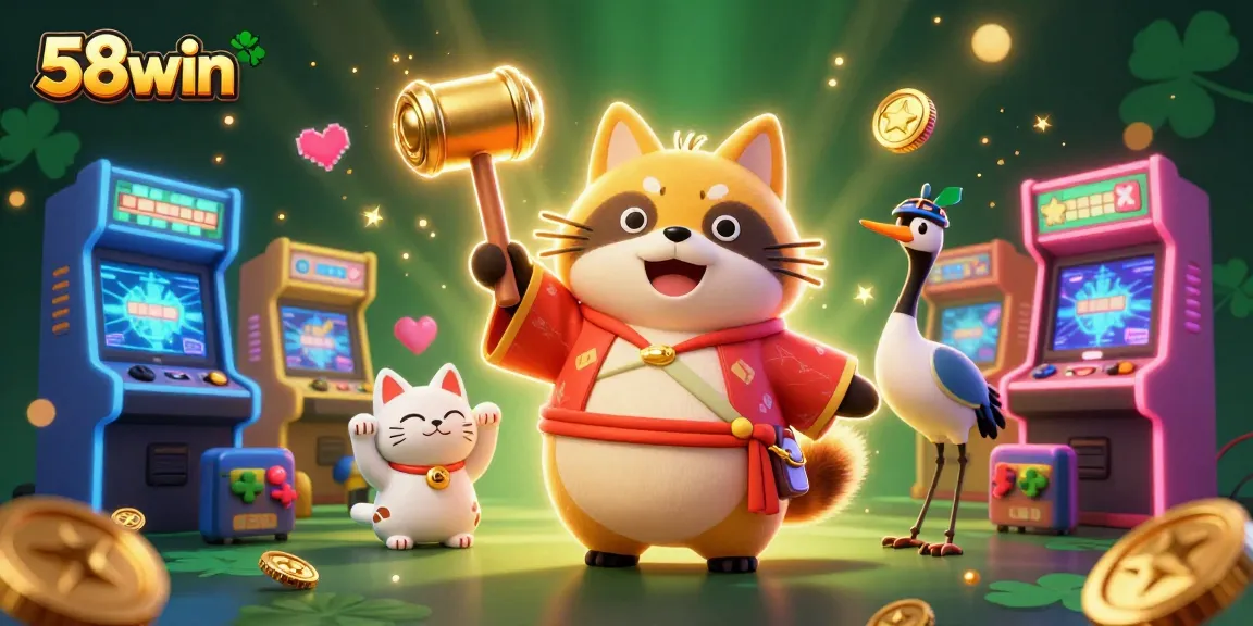 Experience gaming excitement with 58win's vibrant casino scene featuring playful characters and dynamic elements.