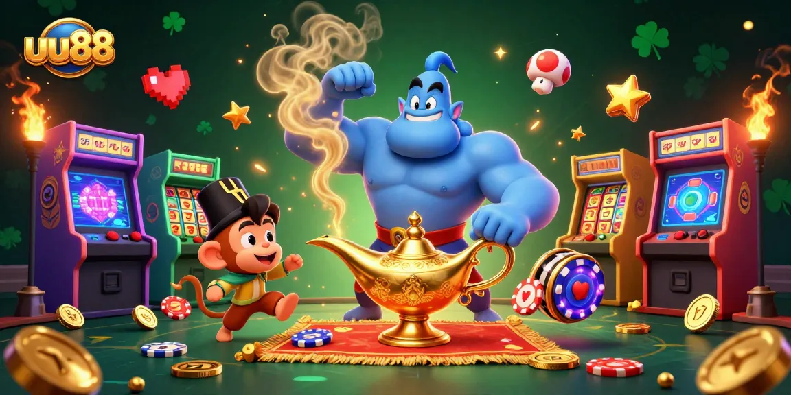 uu88 showcases a genie with poker chips on a magic carpet in a vibrant casino scene.