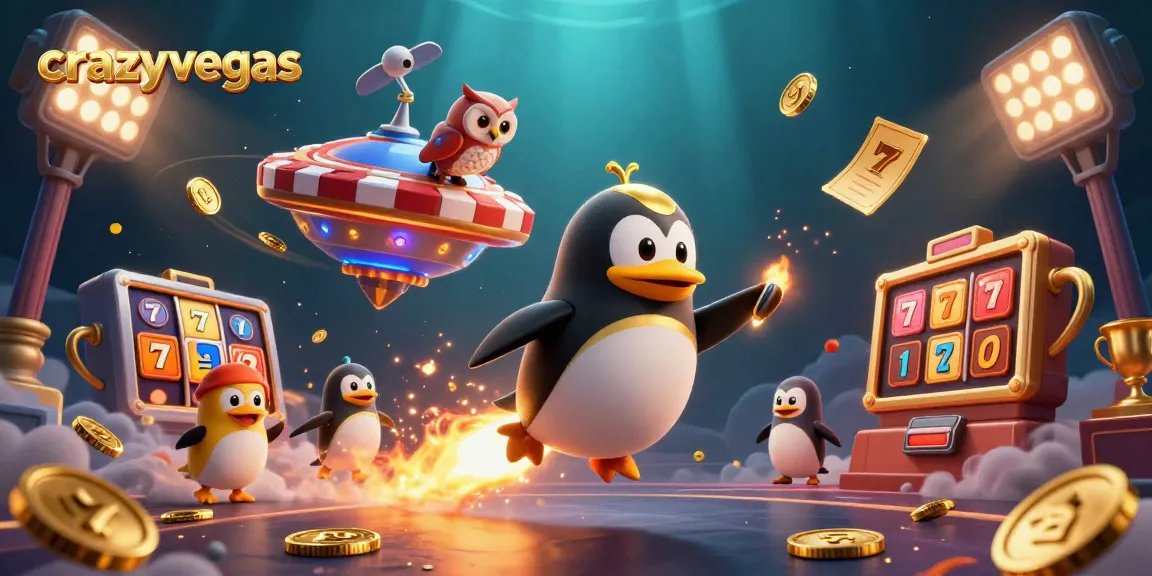 Experience the excitement of crazyvegas with a dynamic illustration of a golden penguin blasting through space to a casino-themed poker chip!
