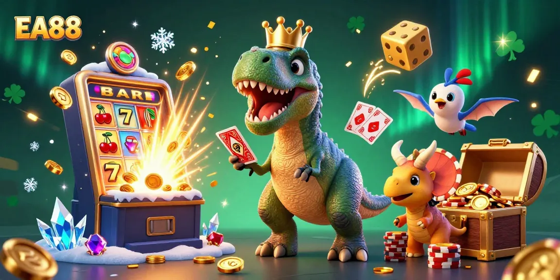 Engage with EA88's thrilling gaming scene featuring a cartoon T-Rex shuffling cards and treasure.