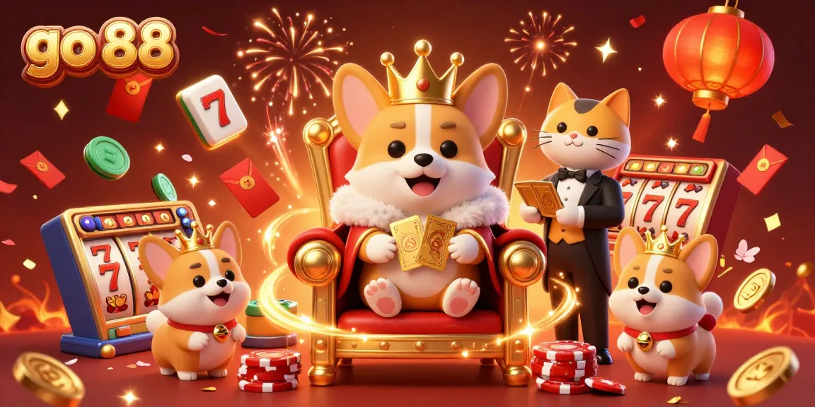 Experience the excitement of go 88 with a royal corgi on a throne of slot chips and a golden card deck.