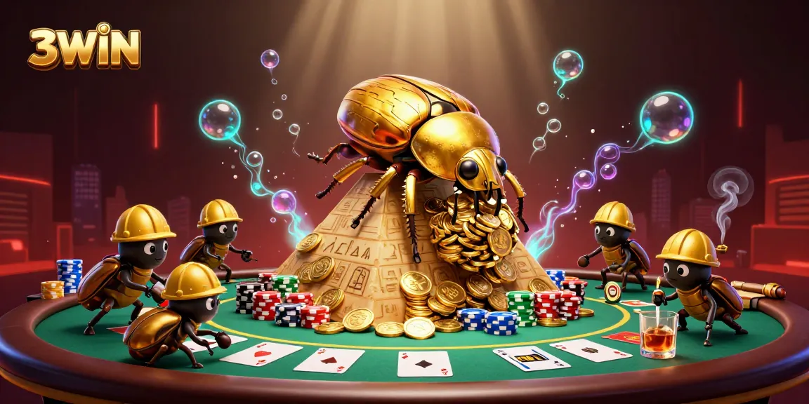 Experience the thrill of 3WIN where golden beetles roll coin balls amidst poker chips and vibrant casino elements.