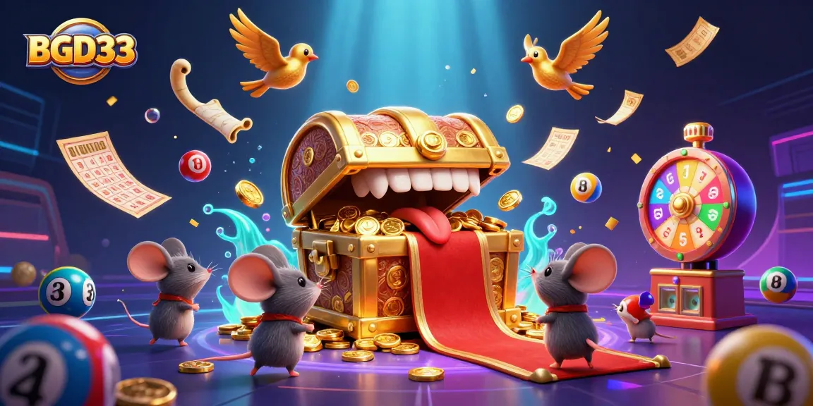 BGD33 showcases a vibrant illustration of a golden treasure chest luring adventurer mice among lively gambling elements.