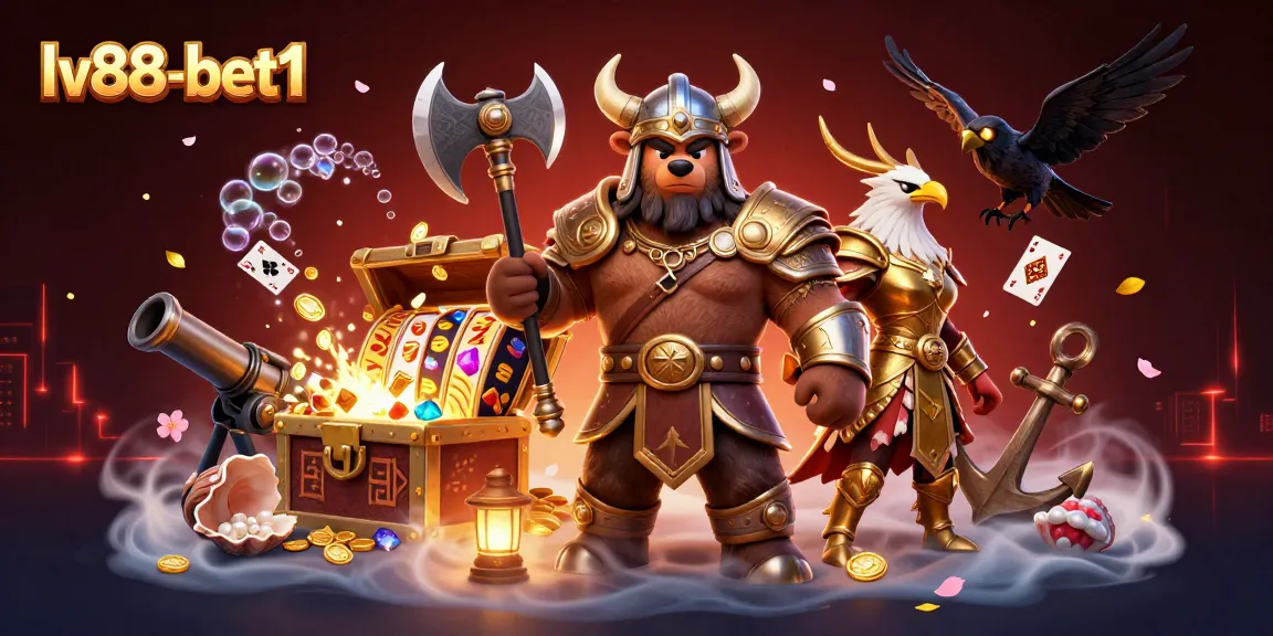 Engage in exciting gameplay at lv88-bet1 with a vibrant illustration featuring a Viking bear, Valkyrie eagle, and underwater treasures.