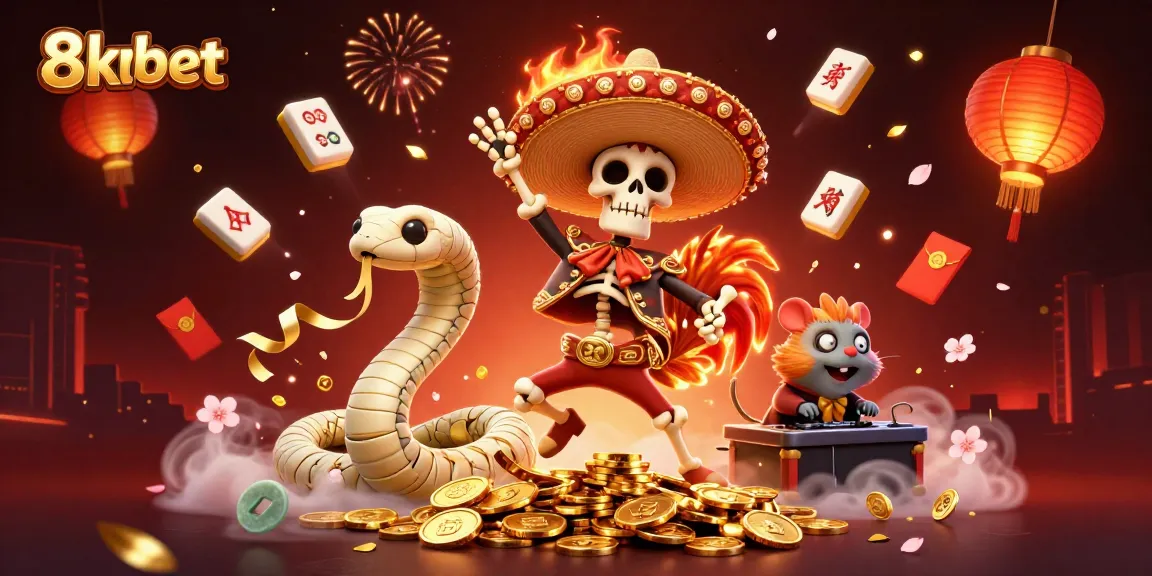 Experience the thrill of 8xbet with lively characters celebrating amid colorful casino elements in this 3D illustration.