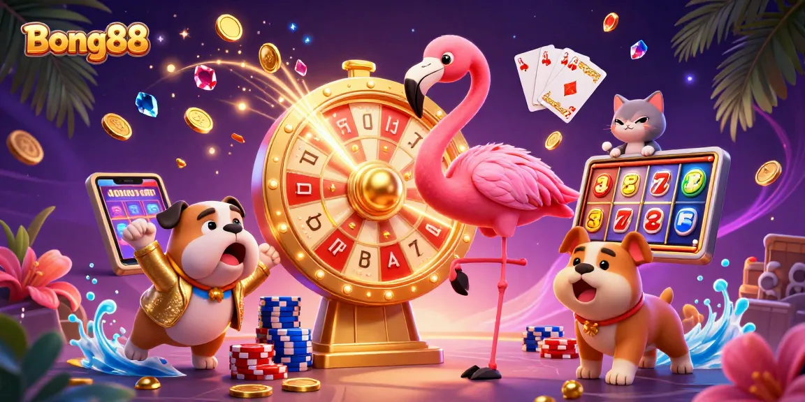 Bong88 showcases a dynamic casino scene with a flamingo host, playful bulldog contestant, and vibrant game elements.