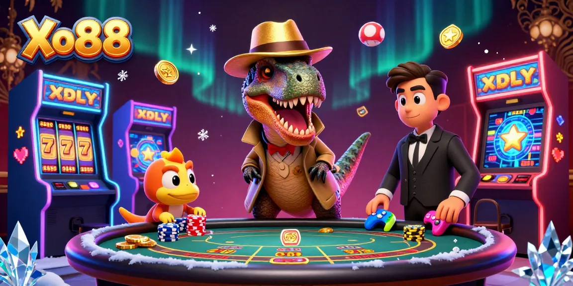 Xo88 showcases a lively 3D casino scene where a velociraptor card counter tries to win at blackjack.