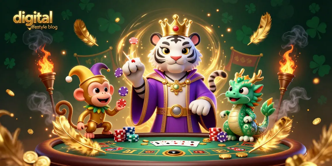 Engage in thrilling poker at a digital lifestyle blog with a tiger in regal attire and fun characters.