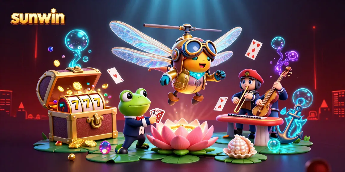 Experience thrilling gameplay at sunwin with a vibrant 3D casino scene showcasing slots, a frog croupier, and a dragonfly pilot.