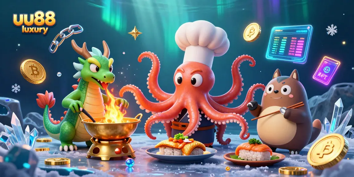Experience thrilling gameplay at uu88 luxury with colorful 3D casino characters enjoying delicious dishes.