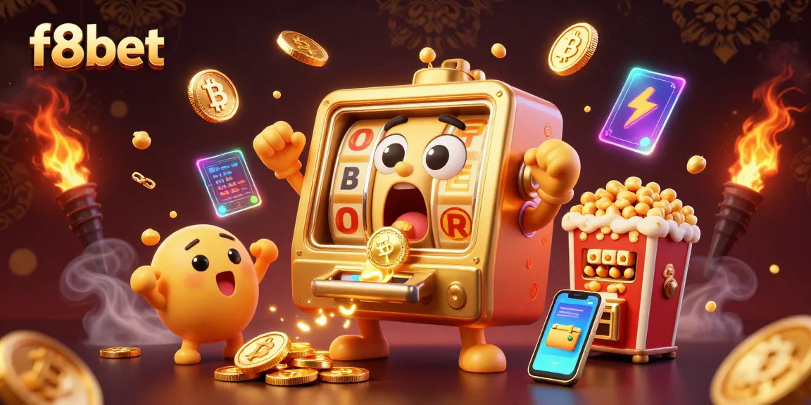 f8bet slots character celebrates jackpot win with gold coins in a vibrant casino scene