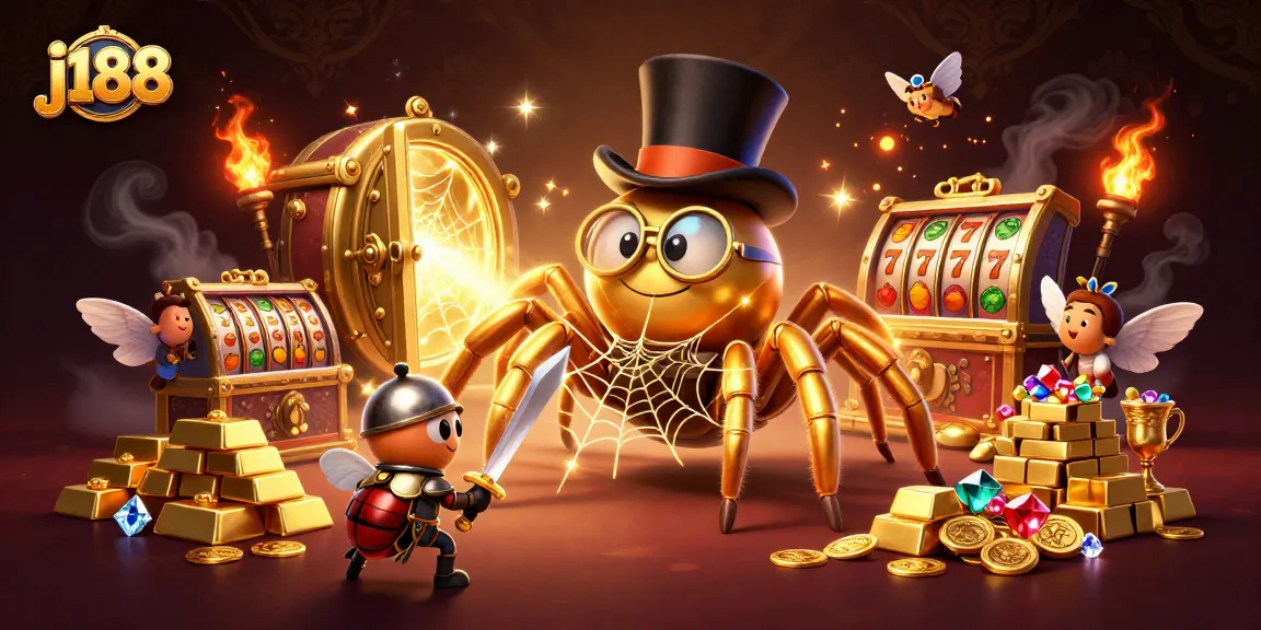 Win big at j188 with a captivating illustration featuring a golden tarantula and beetle knight amidst slot machines.
