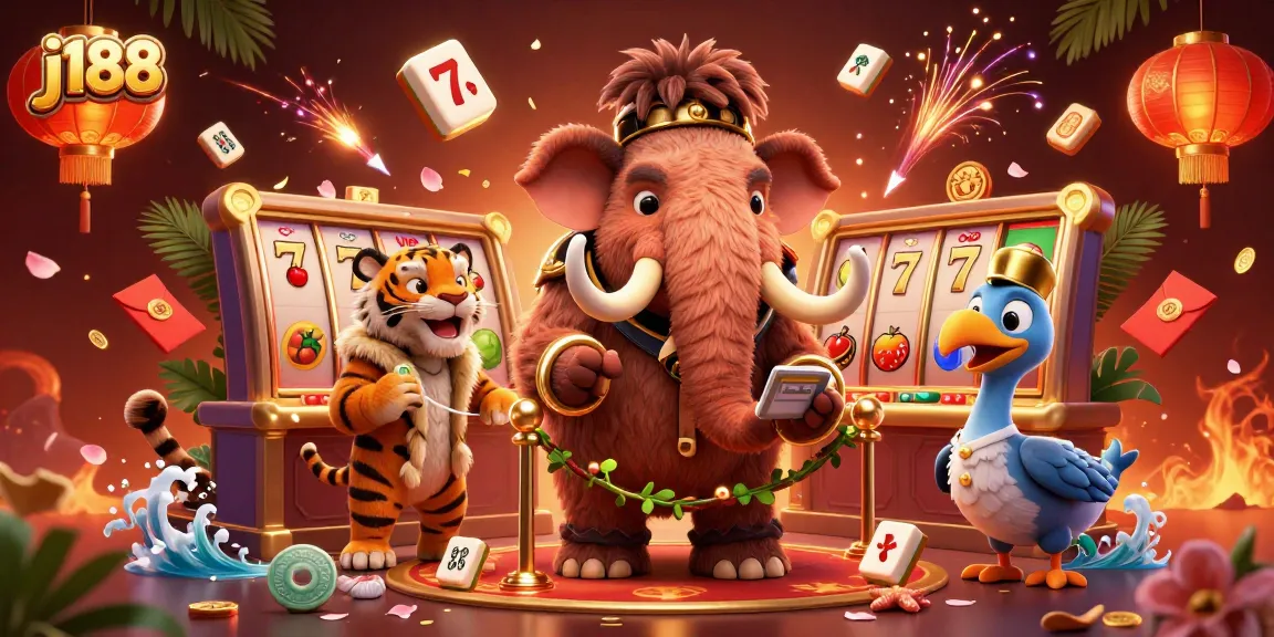 Join the action at j188 casino with an exciting scene featuring vibrant slot reels, a mammoth bouncer, and festive elements.