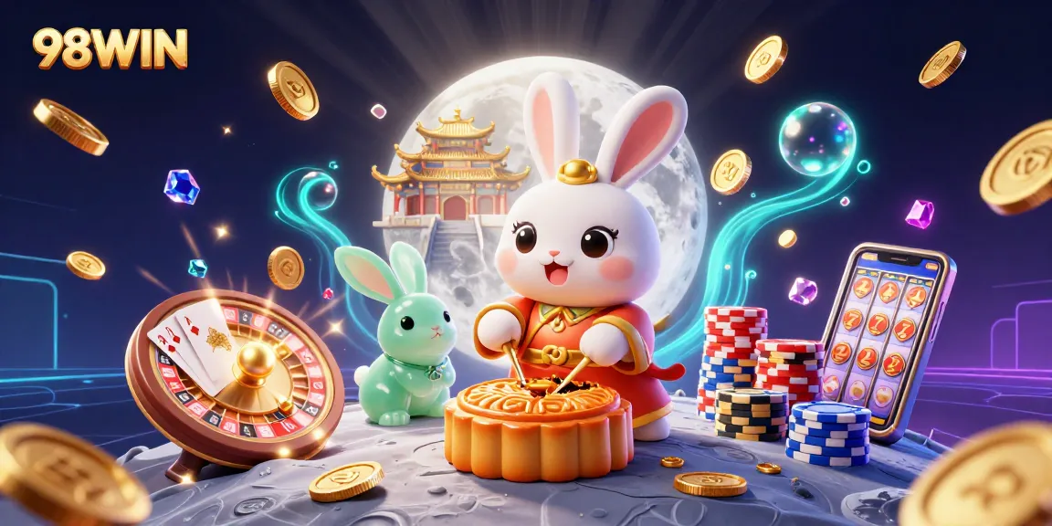 98WIN brings excitement as the moon rabbit reveals poker chips in a vibrant casino scene.
