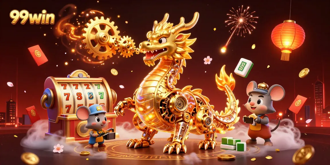 Experience the excitement of 99win with animated slot reels and a golden dragon in a vibrant casino scene.