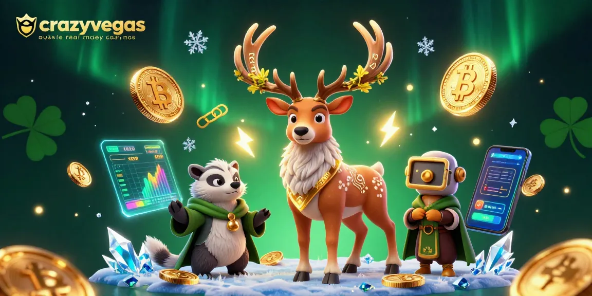 Experience crazyvegas aussie real money casinos with a fantasy casino scene filled with vibrant characters and crypto coins.