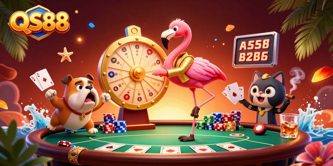 Spin the fortune wheel at QS88 with a flamingo host, bulldog contestant, and festive poker scene.