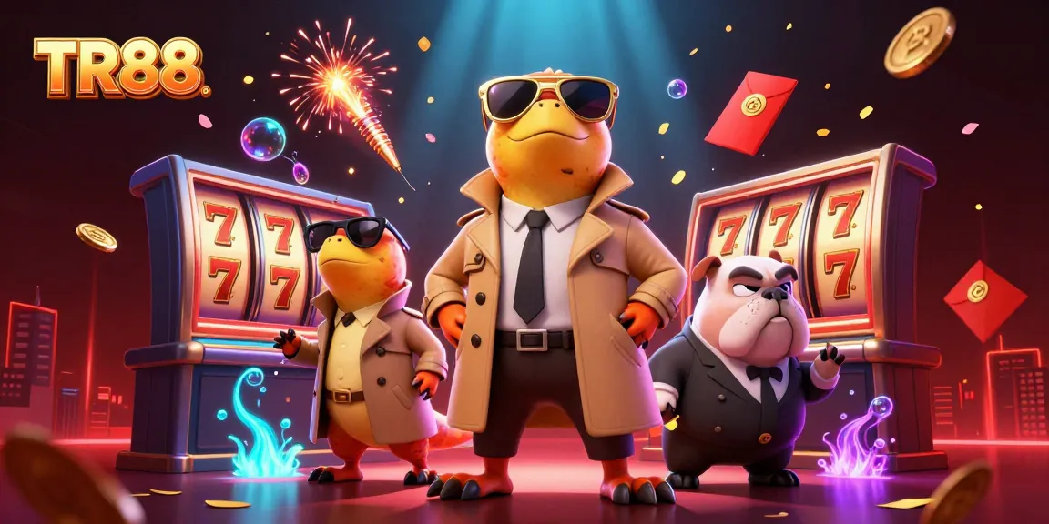 Experience exciting slot games at TR88 with raptors and a suspicious bulldog in a vibrant casino setting.