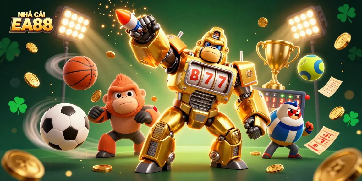 Engage with NHÀ CÁI EA88 through dynamic gameplay featuring a golden gorilla mech and sports elements.