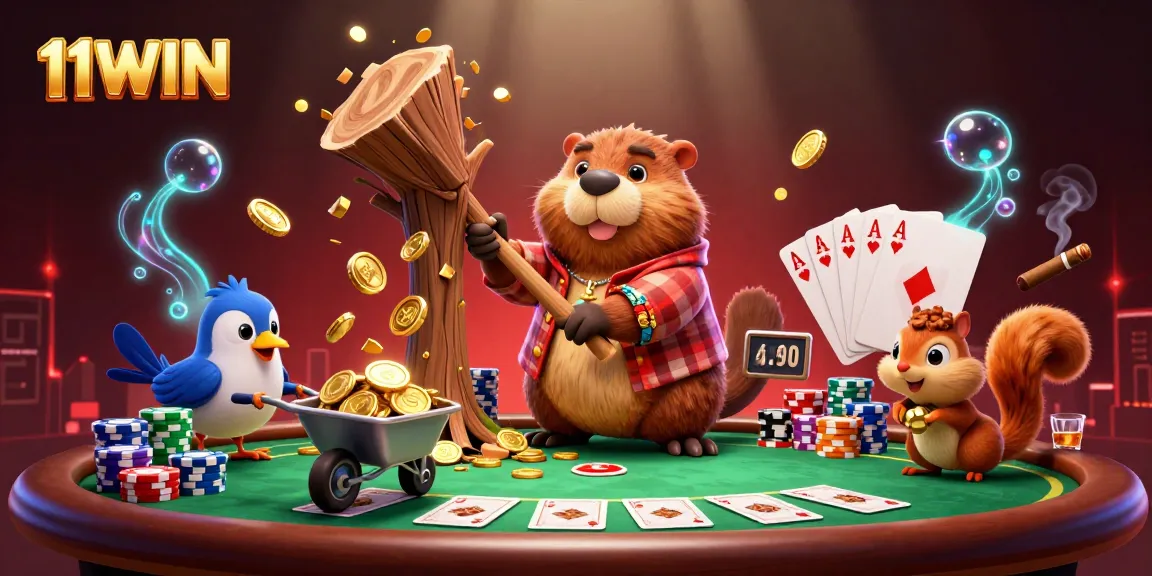 11WIN showcases a vibrant casino scene with a beaver collecting gold coins and engaging poker elements.