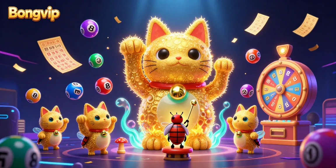 Engage in thrilling moments at Bongvip with a vibrant 3D illustration of a lucky cat and dynamic casino elements.