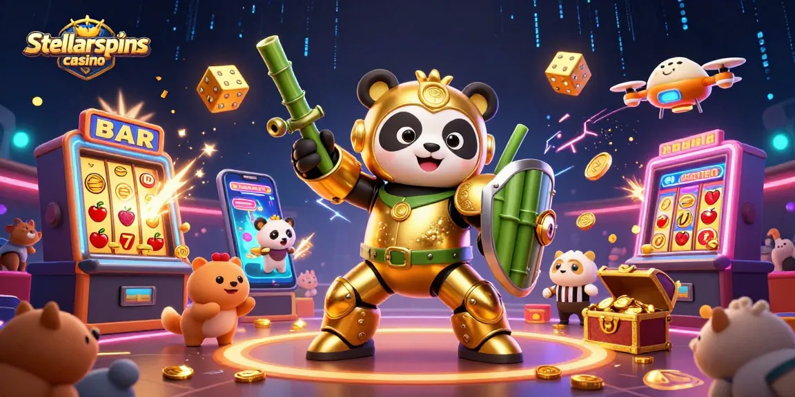 Experience stellarspins casino's vibrant gaming action with a dynamic 3D illustration of a mech-suit panda amidst slot machines and gold.