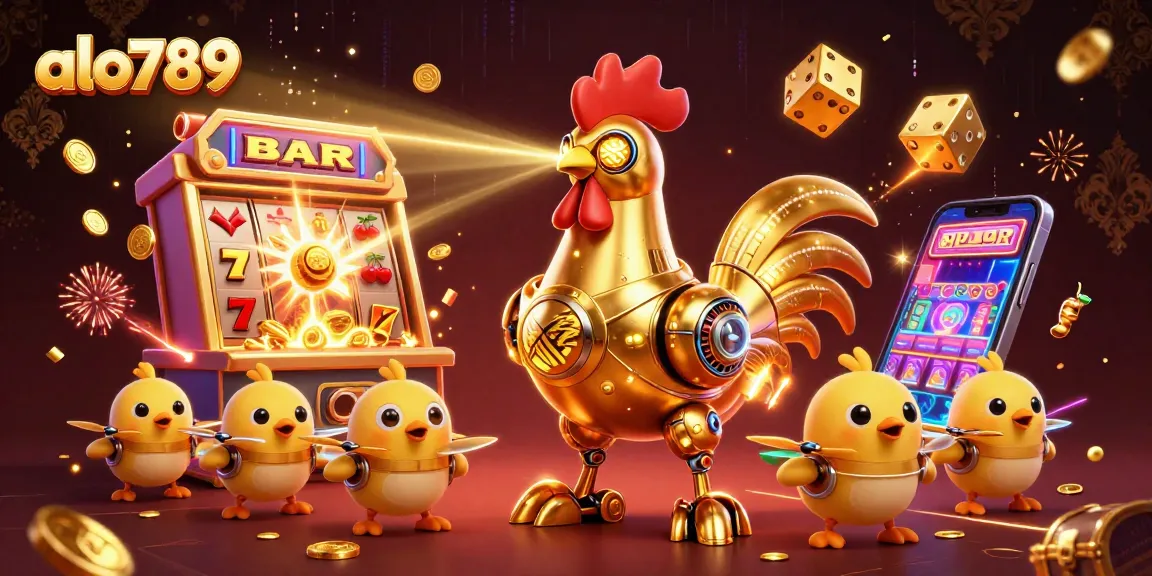 Experience the excitement of alo789 with a futuristic golden rooster robot amidst a dynamic gambling scene.