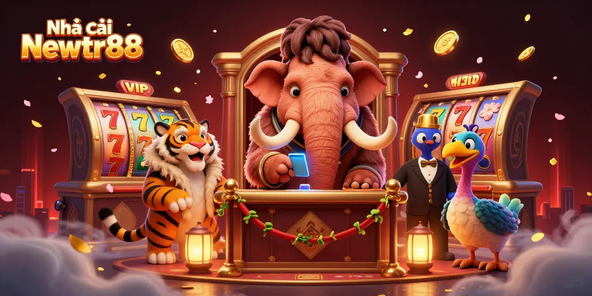 Engage in thrilling gaming adventures with Nhà cái Newtr88, featuring vibrant slot reels and fun characters.