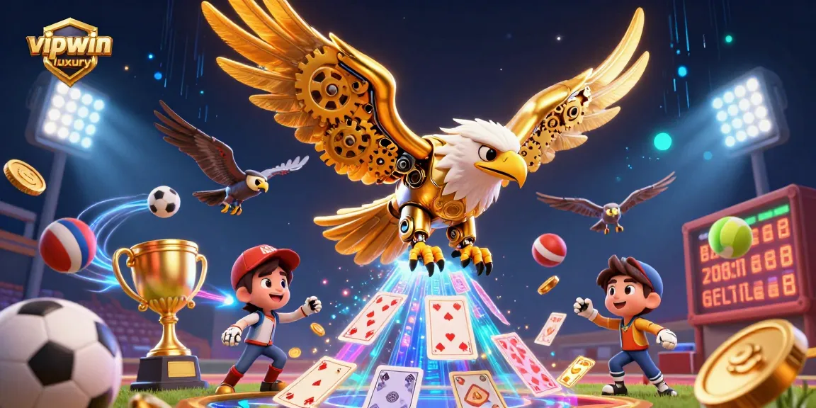 Experience the excitement of vipwin luxury as the cybernetic eagle dives through playing cards, amidst dynamic sports elements.