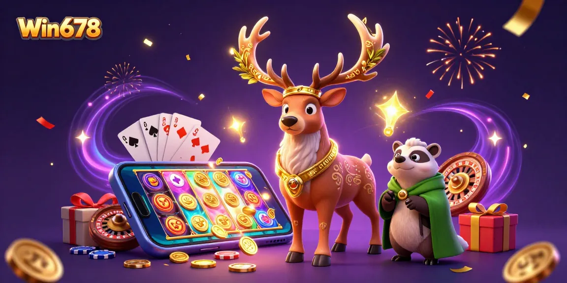 Win678 players enjoying dynamic slot games with golden coins and festive celebrations.