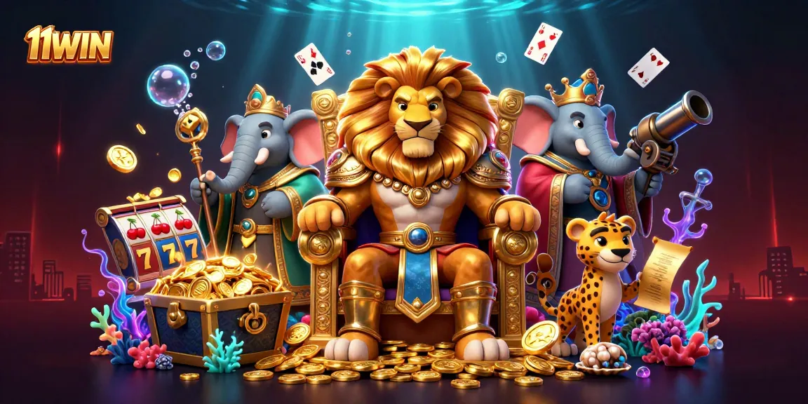 11WIN showcases a dynamic 3D casino scene with a lion king, elephant advisor, and cheetah messenger.