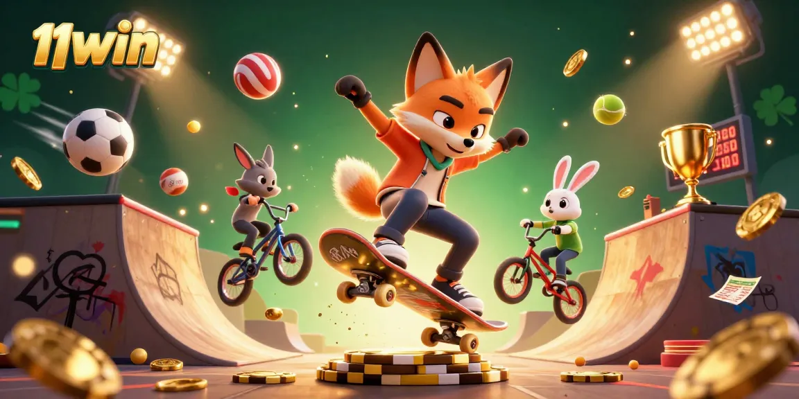 Experience excitement with 11WIN as a skateboarder fox performs tricks over golden poker chips.