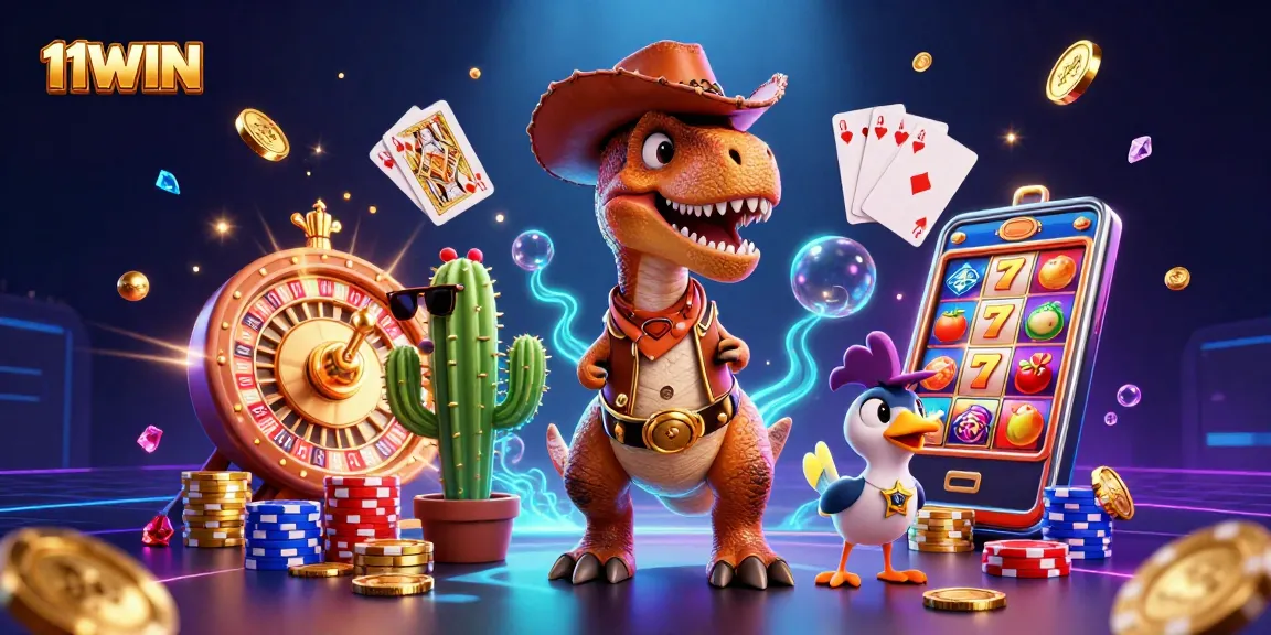 Join the thrilling action at 11WIN with a dinosaur, cactus, and roadrunner in a vibrant casino scene!