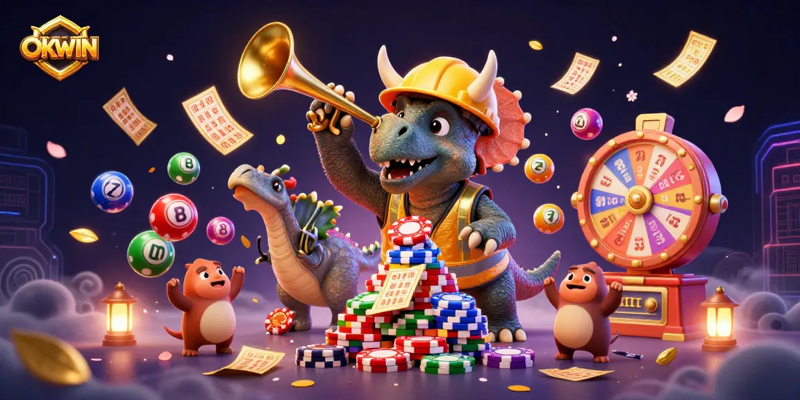 OKWIN celebrates winning moments with a vibrant 3D illustration of a triceratops building a poker chip pyramid, highlighting exciting casino elements.