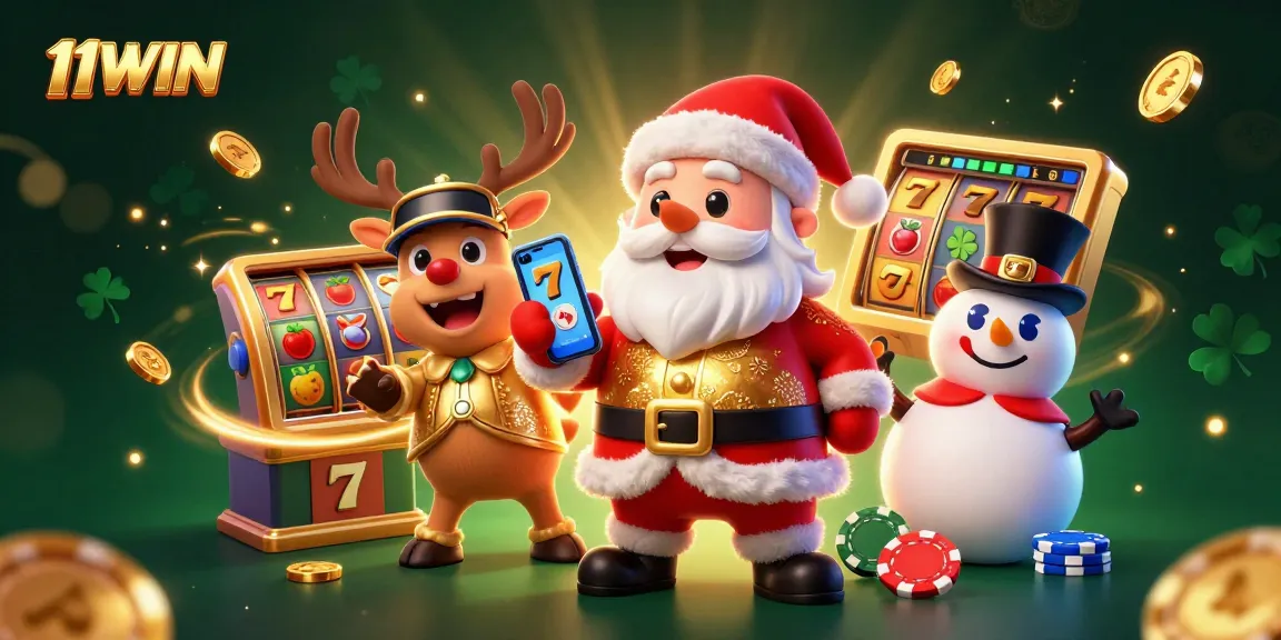 Engage with 11WIN's vibrant casino scene featuring Santa and friends amidst jackpot slots!