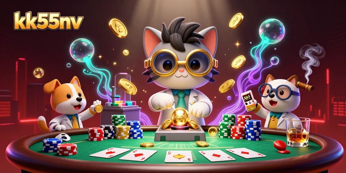 Engage with exciting gaming action at kk55nv featuring a cartoon mad scientist and poker elements.