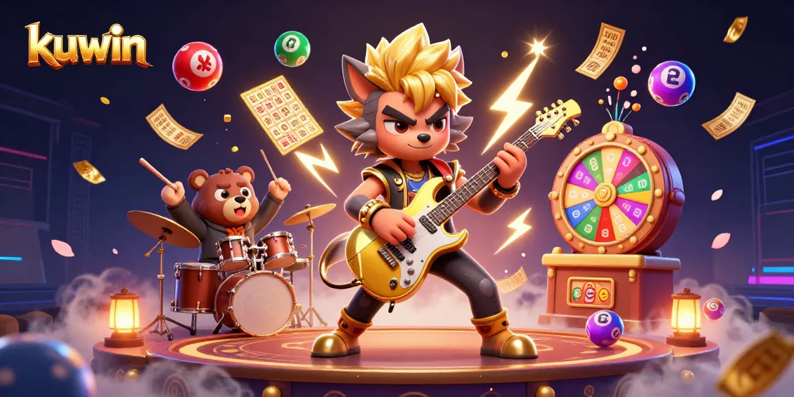 Kuwin's thrilling gaming scene with a rock star wolf and a drummer bear lights up the casino stage.