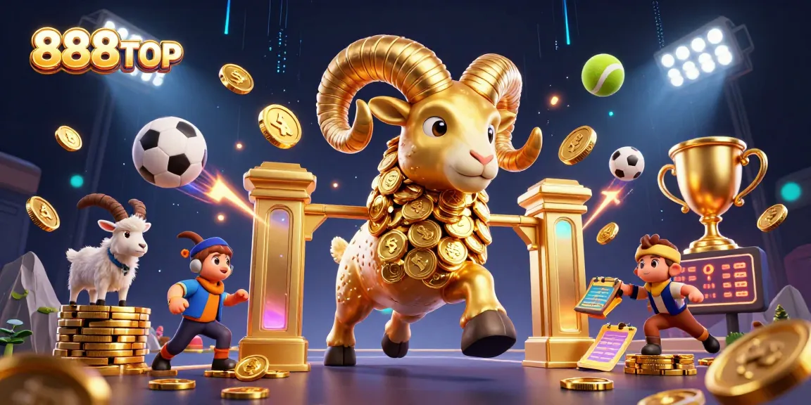 Engage with thrilling gameplay at 888TOP, showcasing a massive golden ram charging through a vibrant casino atmosphere.