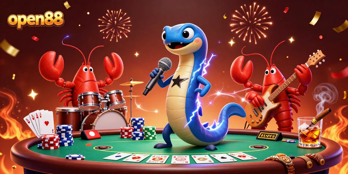 Join the electric eel DJ for an open88 poker showdown under the sea in this vibrant casino scene.