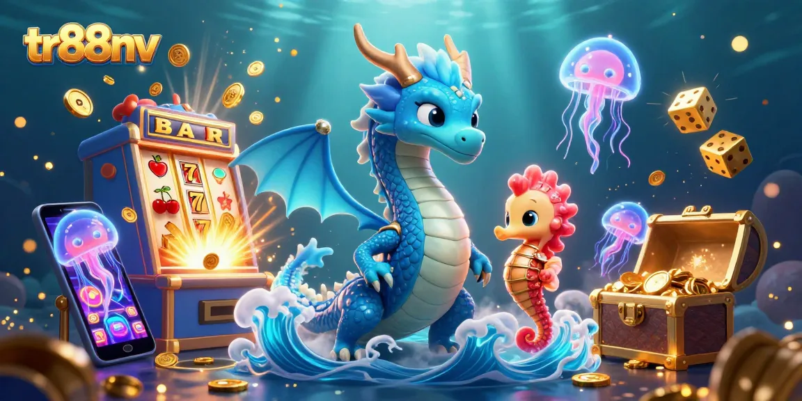 Experience the thrill of tr88nv with a vibrant illustration of an azure water dragon, seahorse knight, and jackpot excitement!