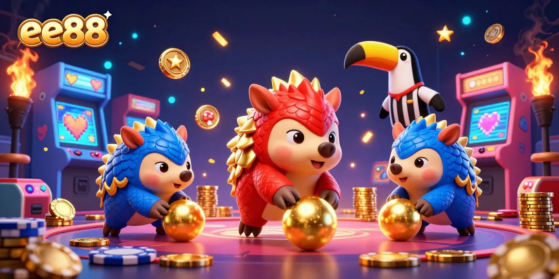ee88 gamified excitement with pangolins, poker chips, and vibrant arcade elements