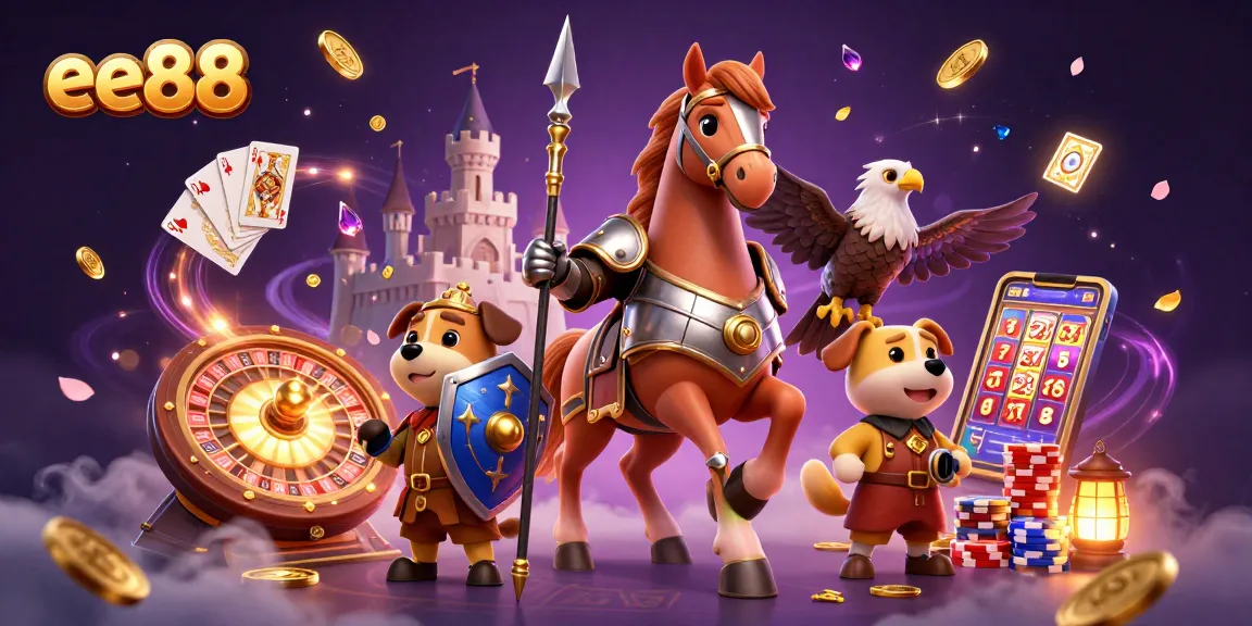 ee88 showcases a vibrant scene with a knight, squire puppy, and falcon amidst dynamic gambling elements.