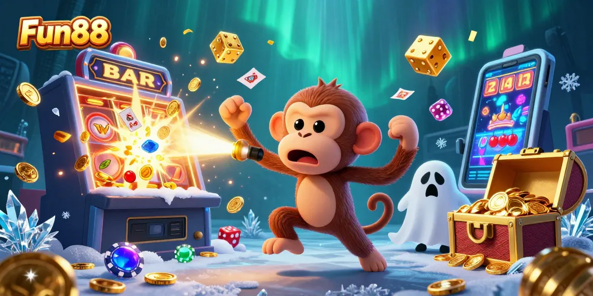 Experience Fun88 with a playful ghostly monkey juggling casino treasures in a vibrant haunted casino scene.