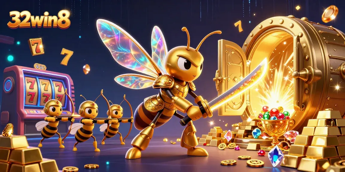 Experience the thrill of 32win8 casino with a dynamic illustration of golden hornet samurai and bee archers.